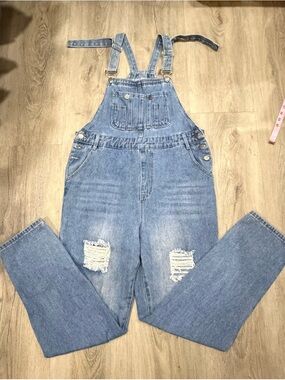 MISSLOOK Light Blue Distressed High-Waist Overall Jeans Sz M Light Washed